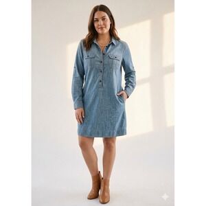 J.Crew Blue Cotton Chambray Shirt Dress XL Medium Wash Roll Tab Sleeve